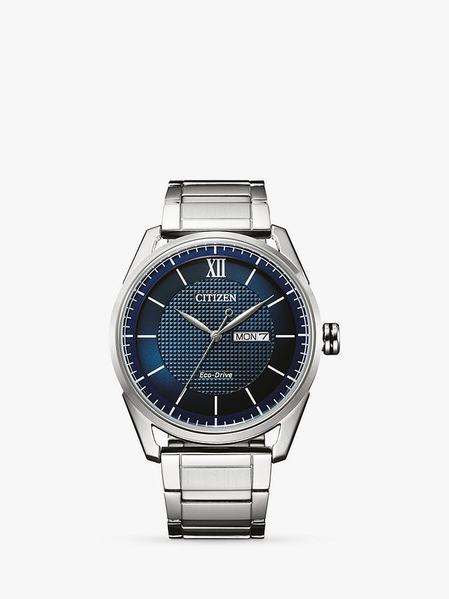 Citizen AW0081-54L Men's Eco-Drive Day Date Bracelet Strap Watch, Silver/Blue