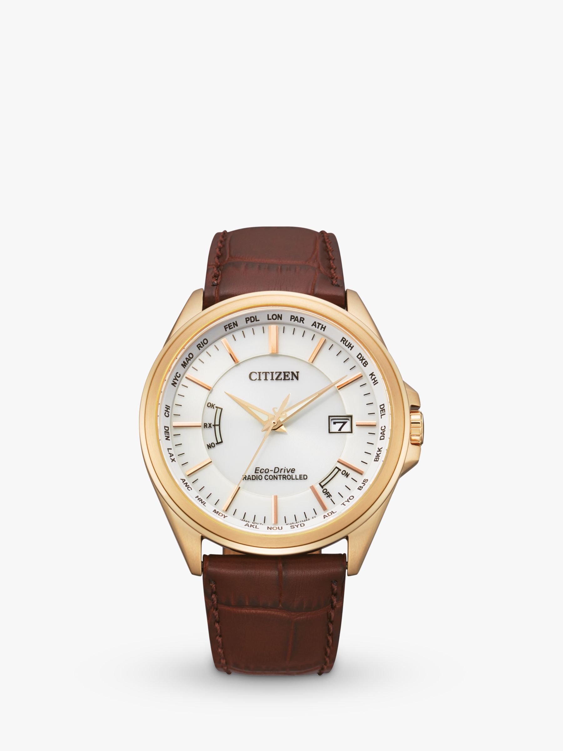 Buy Citizen CB0253-19A Men's Eco-Drive World Time Date Leather Strap Watch, Brown/White Online at johnlewis.com