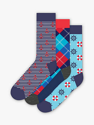 Happy Socks Anchor Print Socks, Pack of 3, Blue/Red/Multi