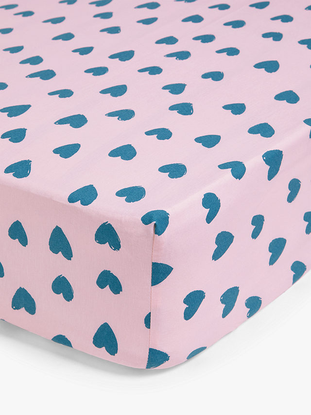 John Lewis ANYDAY Love Hearts Print Easy Care Polycotton Fitted Sheets, Blue/Pink, Single
