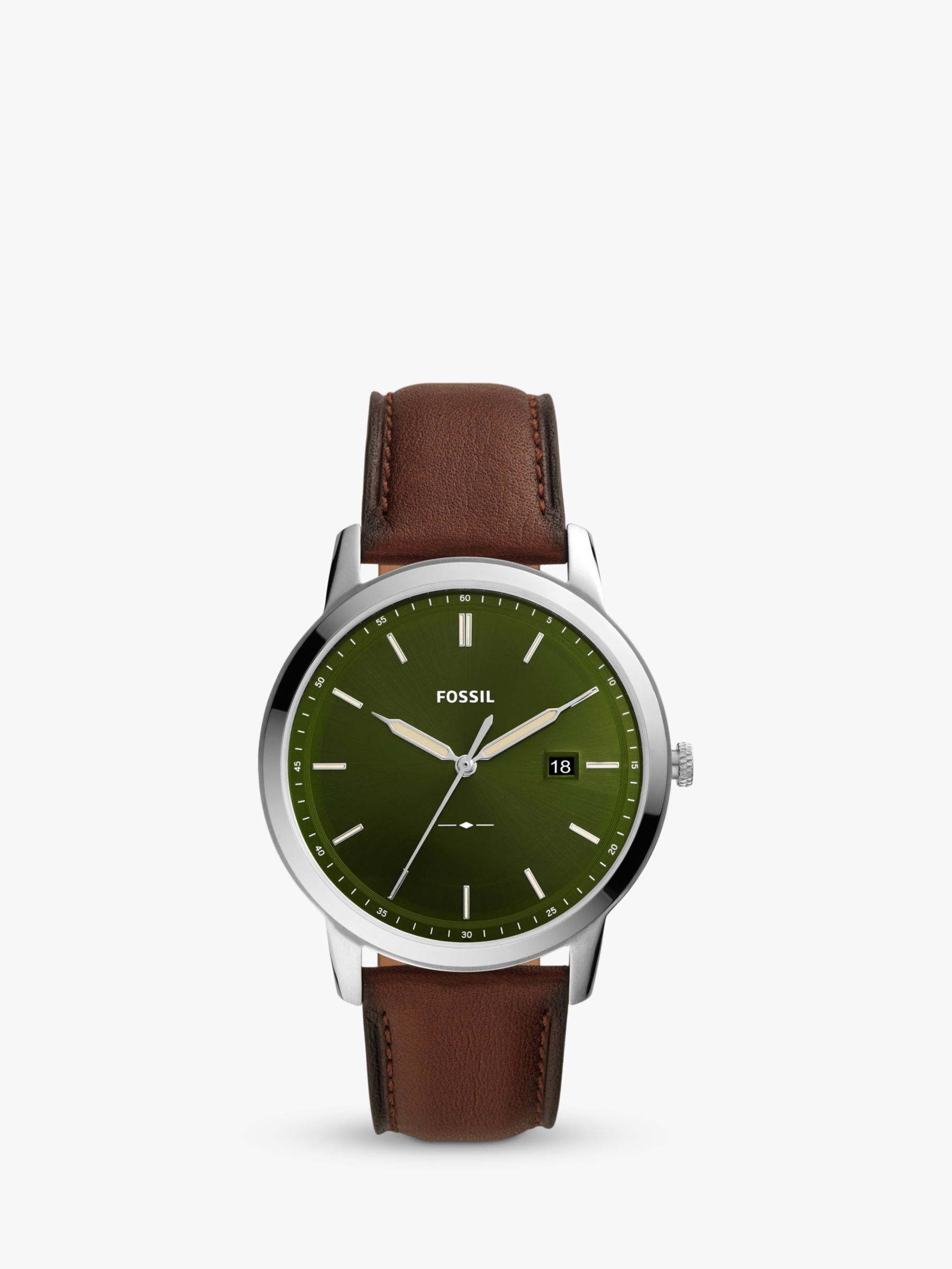 Fossil FS5838 Men's Minimalist Date Leather Strap Watch, Brown/Green at ...