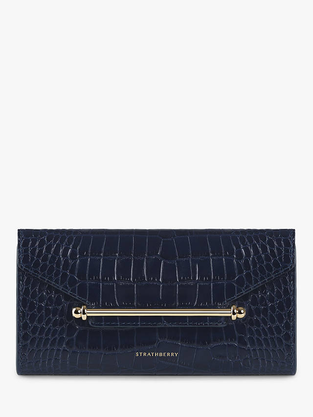 Strathberry Multrees Leather Wallet On Chain, Navy Croc