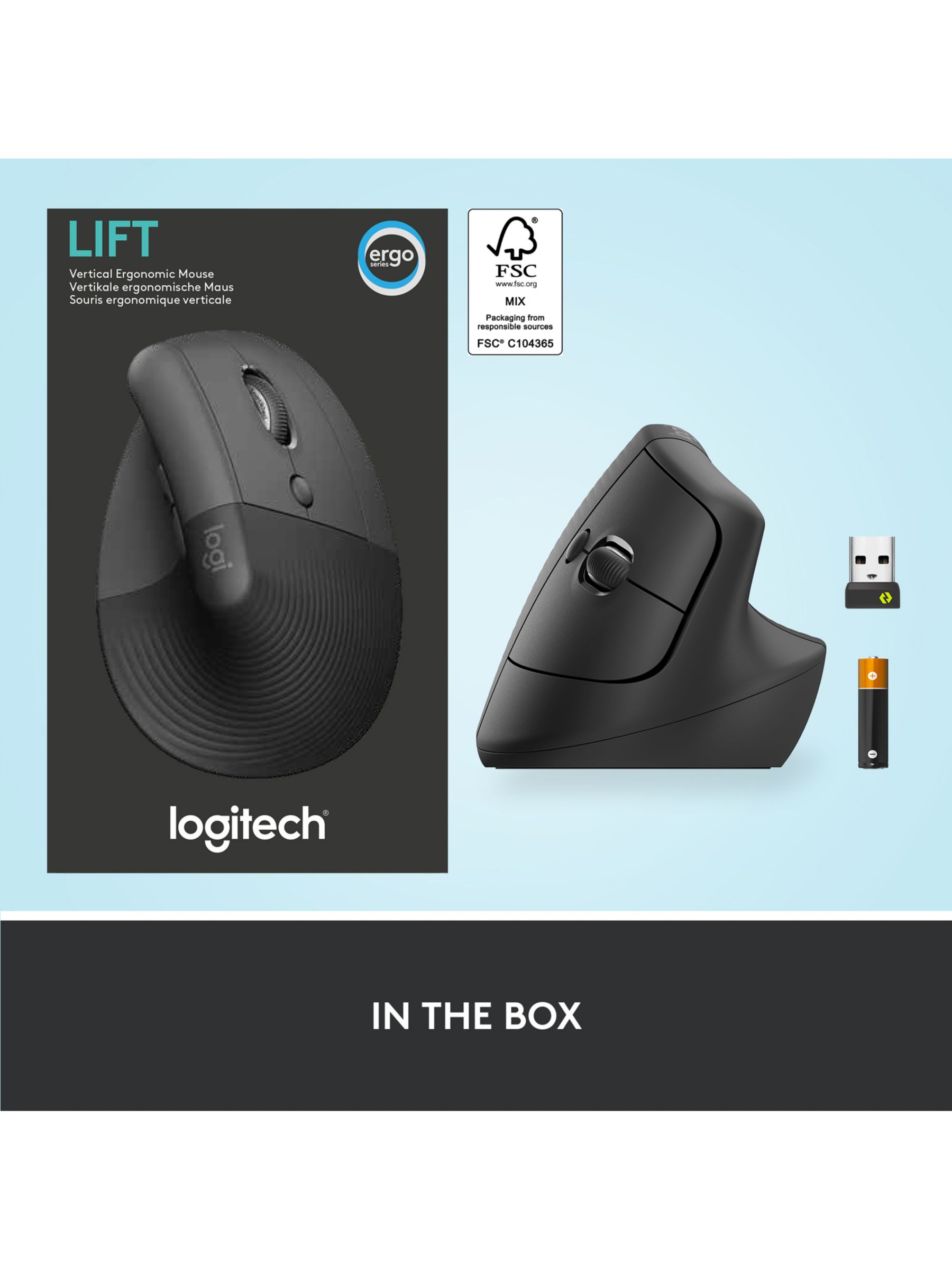 Logitech Lift Vertical Ergonomic Mouse, Wireless, Bluetooth or