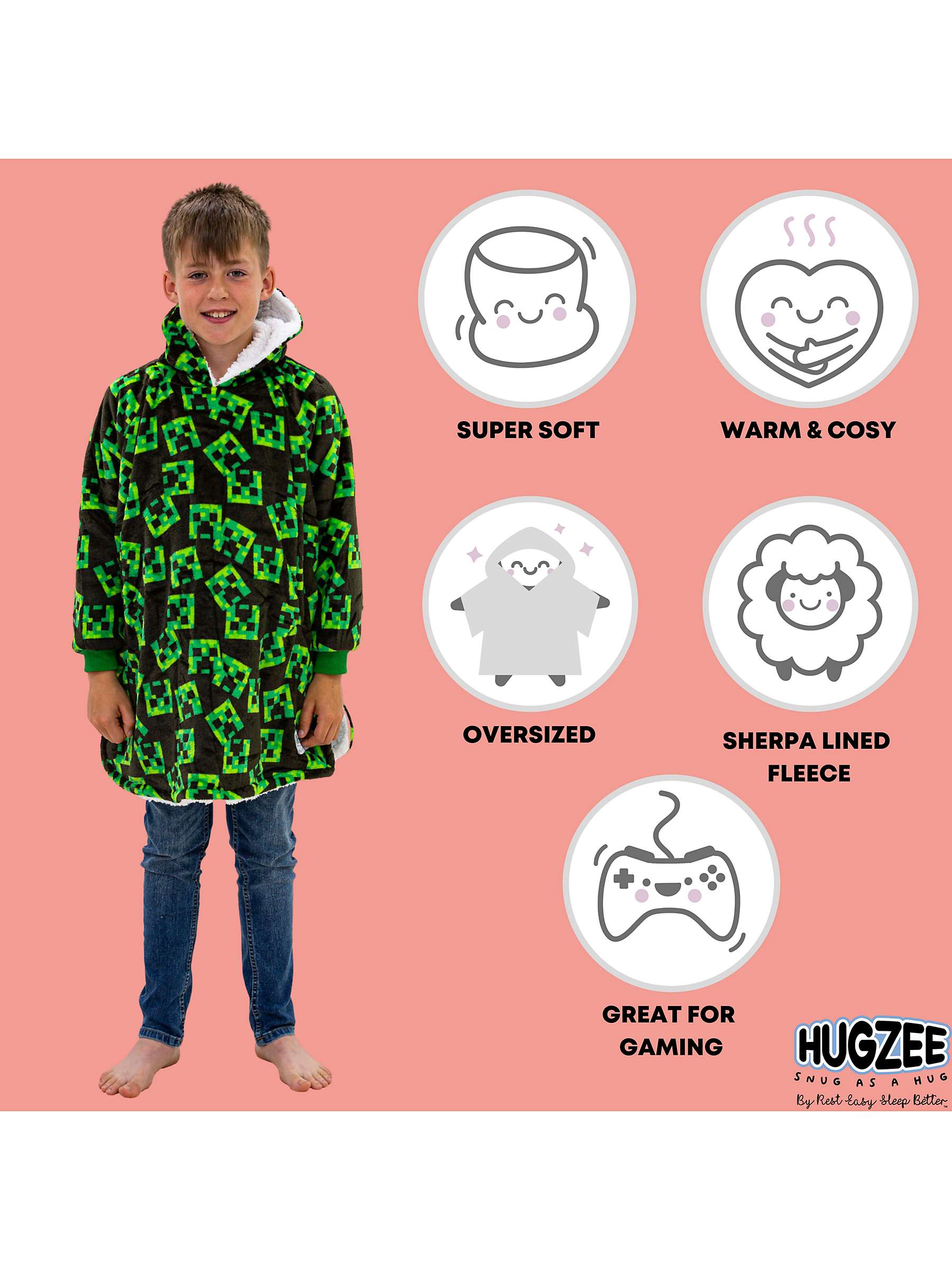 Buy Minecraft Hugzee Oversized Fleece Hooded Blanket, Green/Black Online at johnlewis.com