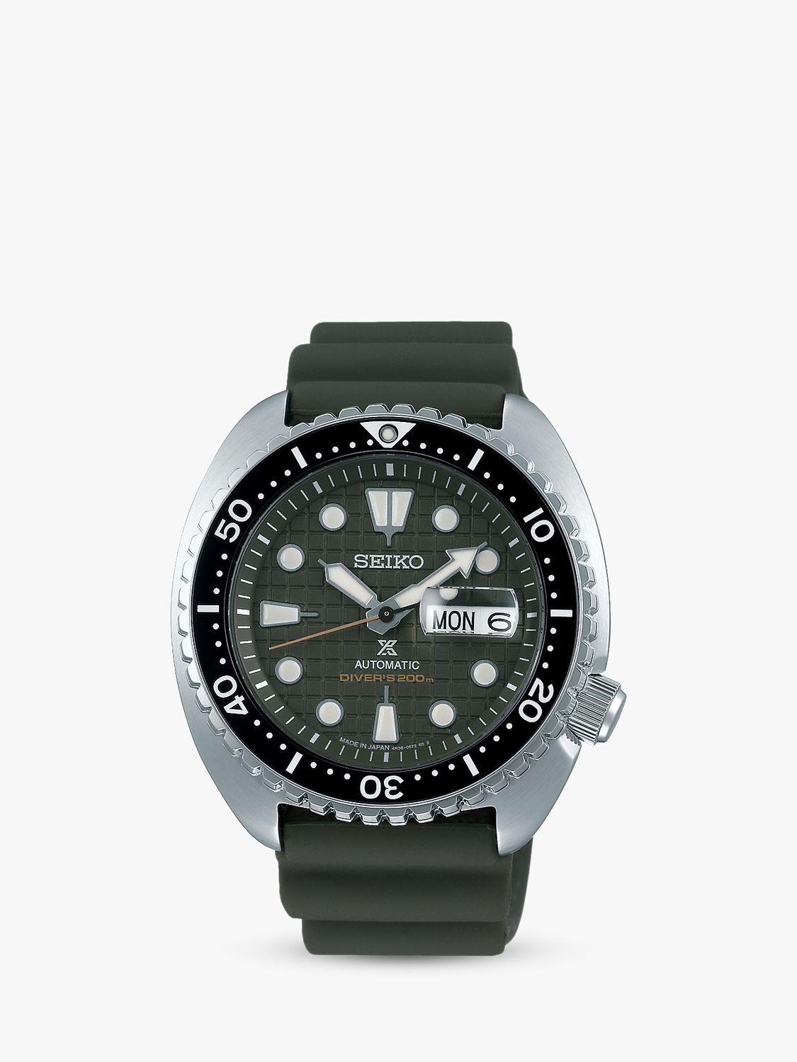 Seiko SRPE05K1 Men's Prospex Automatic Date Silicone Strap Watch, Khaki at  John Lewis & Partners