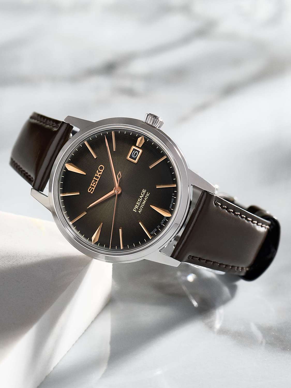 Seiko SRPJ17J1 Men's Presage Automatic Date Leather Strap Watch, Brown at  John Lewis & Partners