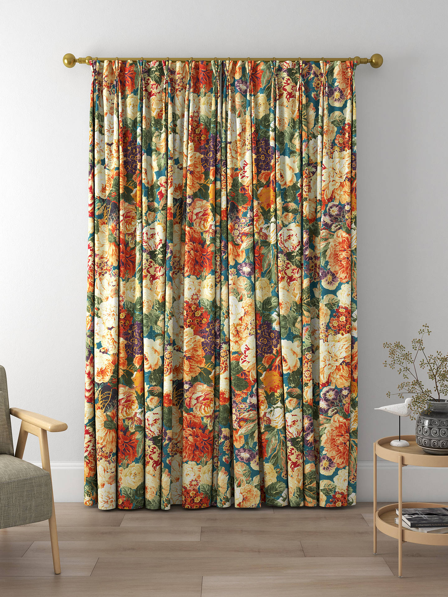 Sanderson Very Rose and Peony Made to Measure Curtains, Kingfisher/Red Berry