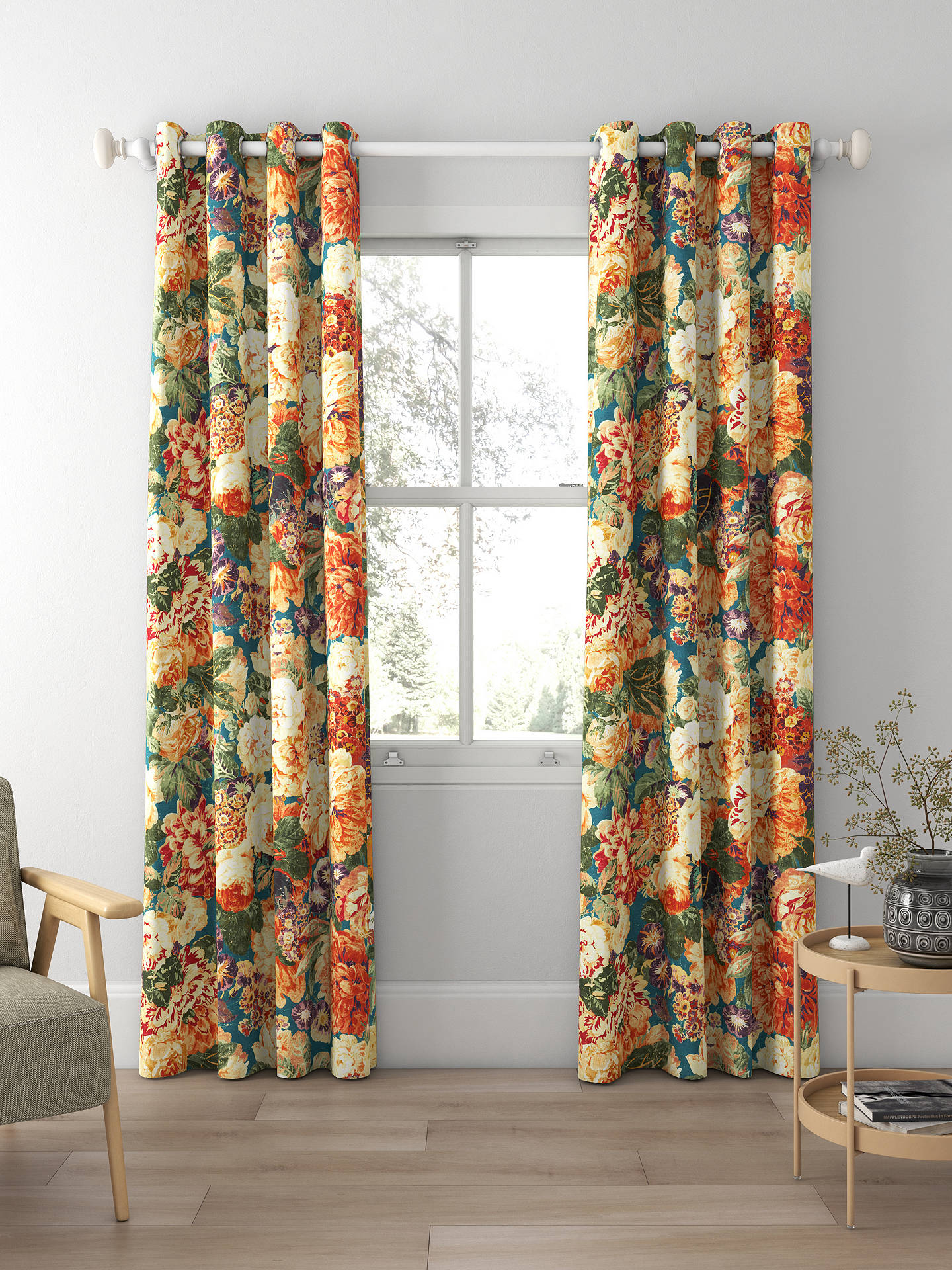 Sanderson Very Rose and Peony Made to Measure Curtains, Kingfisher/Red Berry
