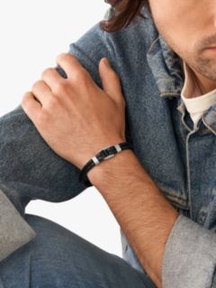 Men's Woven Stainless Steel and Black Leather Bracelet