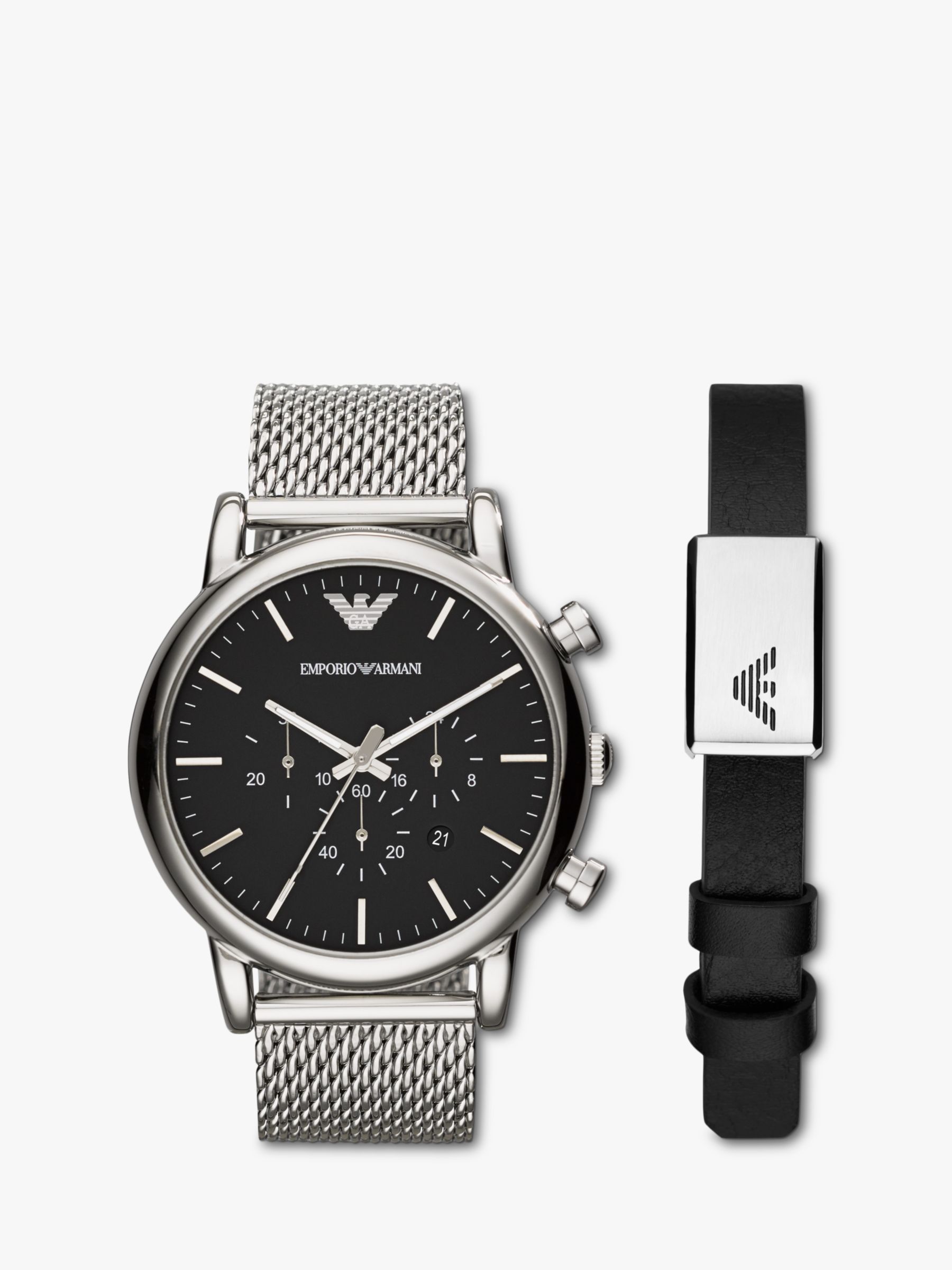 Atajos Marchito símbolo Emporio Armani AR80062SET Men's Luigi Chronograph Date Leather Strap Watch  and Leather Bracelet Set, Silver/Black at John Lewis & Partners
