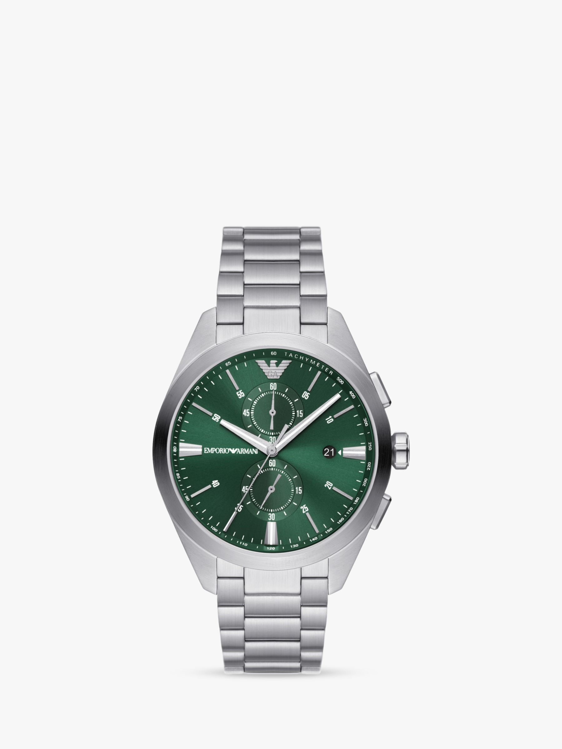 Emporio Armani AR11480 Men's Chronograph Date Bracelet Strap Watch,  Silver/Green at John Lewis & Partners