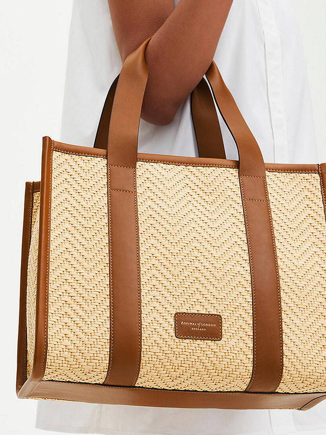 Aspinal of London Small Henley Raffia and Leather Tote Bag, Tan