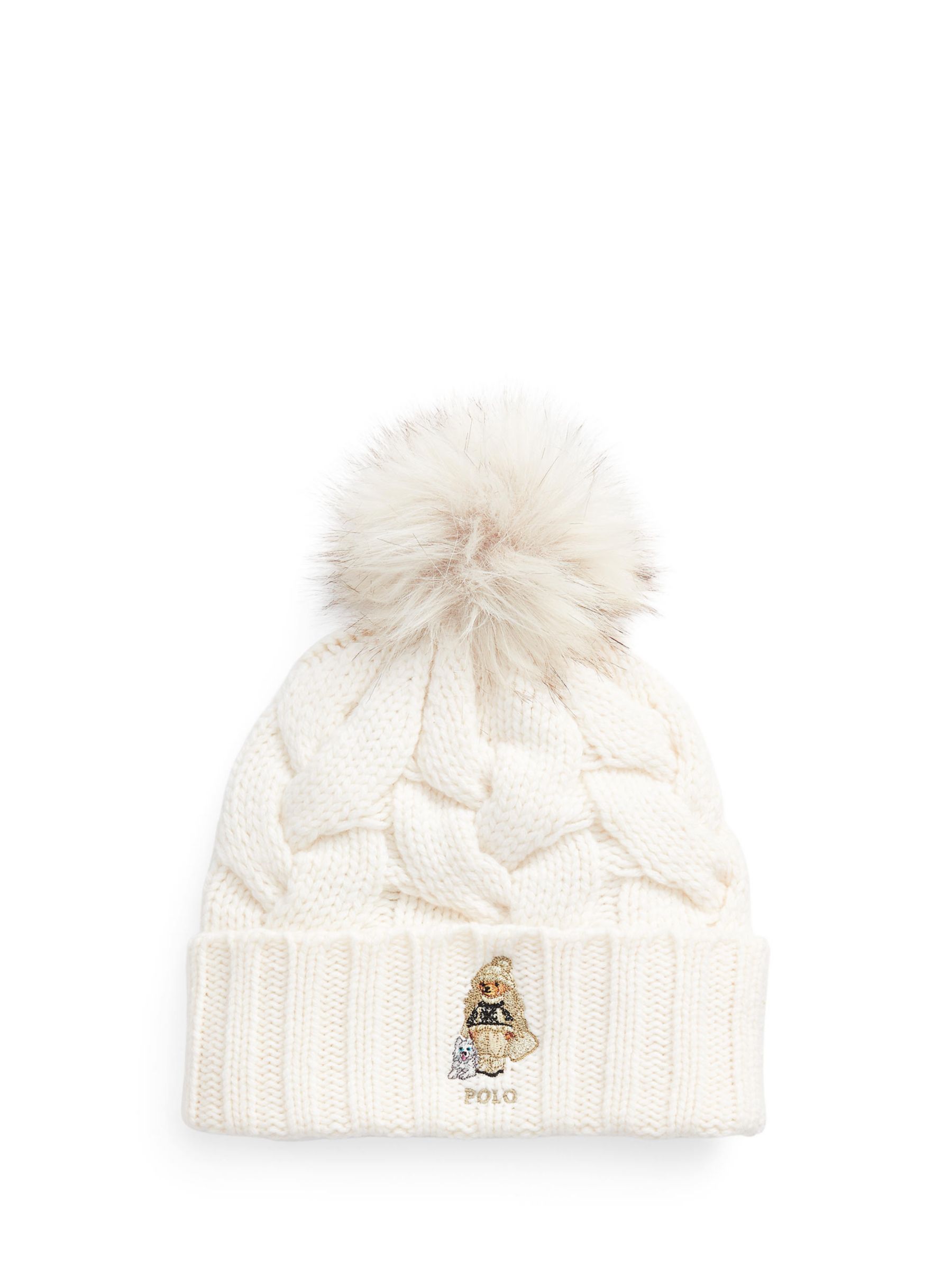 Ralph Lauren Polo Bear Logo Wool Blend Cable Knit Beanie Hat, Cream at John  Lewis & Partners