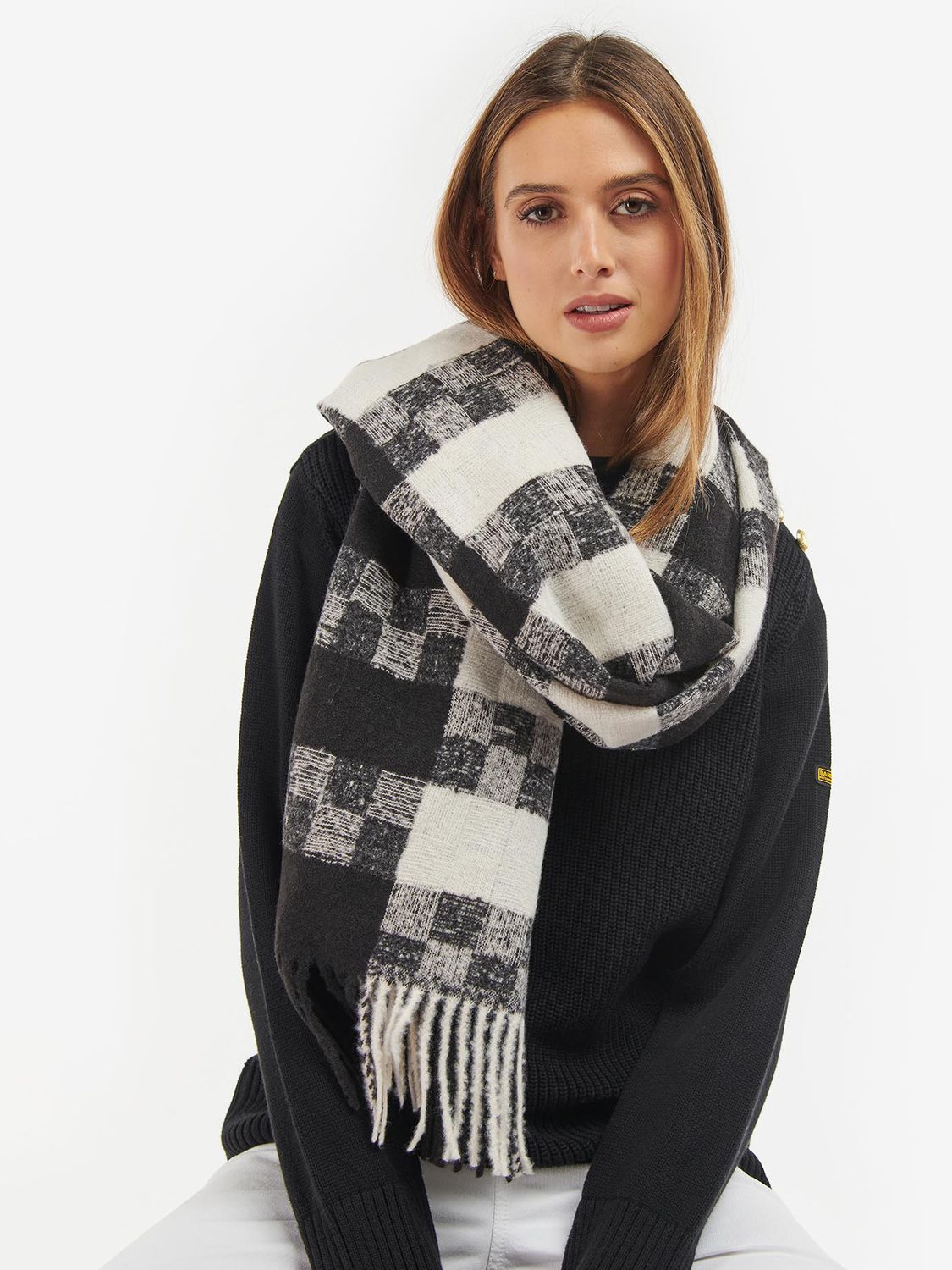 Barbour International Pace Gingham Check Scarf, Black/Chantilly