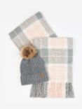 Barbour Saltburn Beanie Hat & Check Scarf Gift Set, Grey/Rose