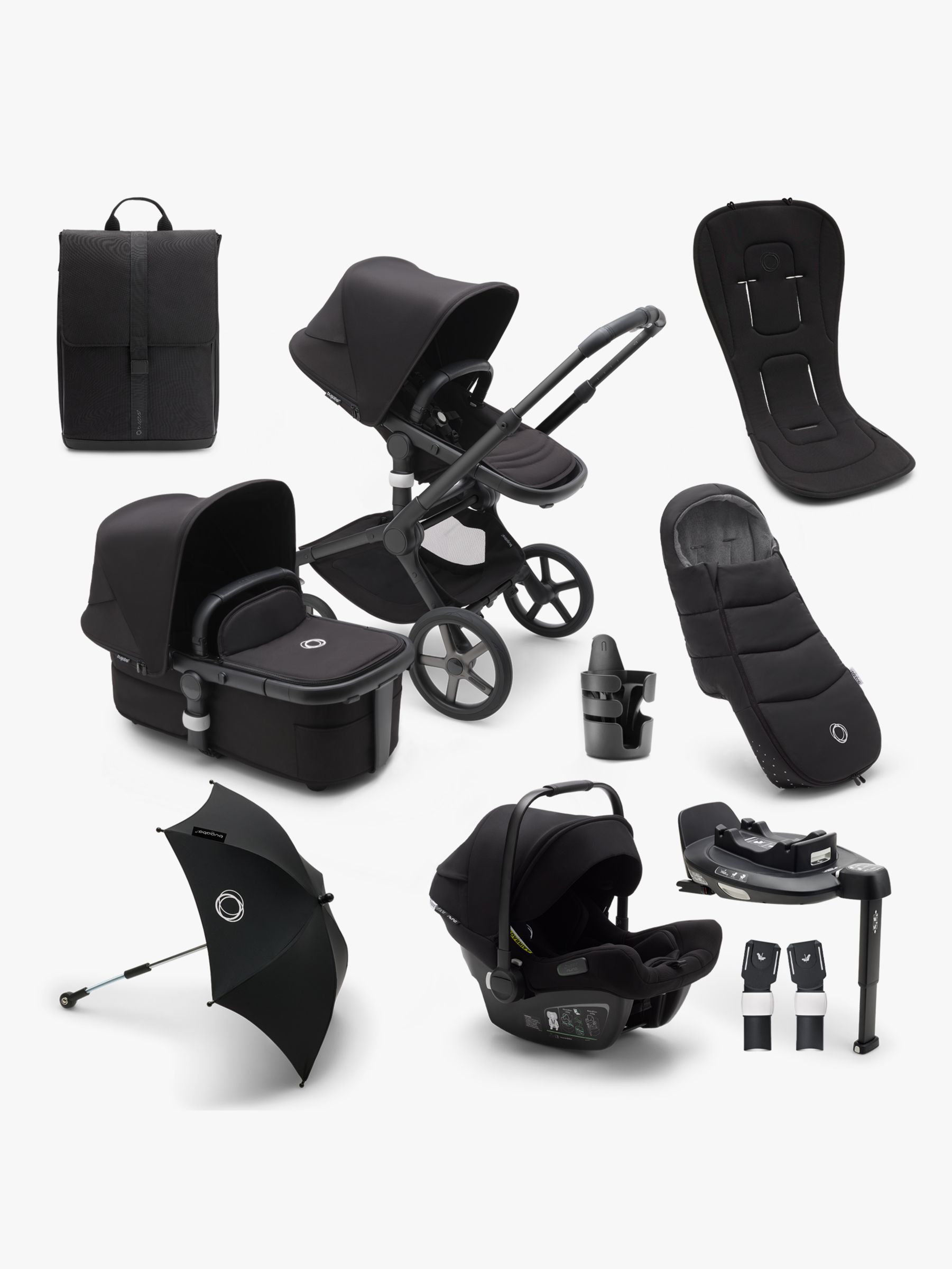 Bugaboo Fox 5 Pushchair, Turtle Air by Nuna Car Seat with Base & Accessories Ultimate Bundle, Midnight Black
