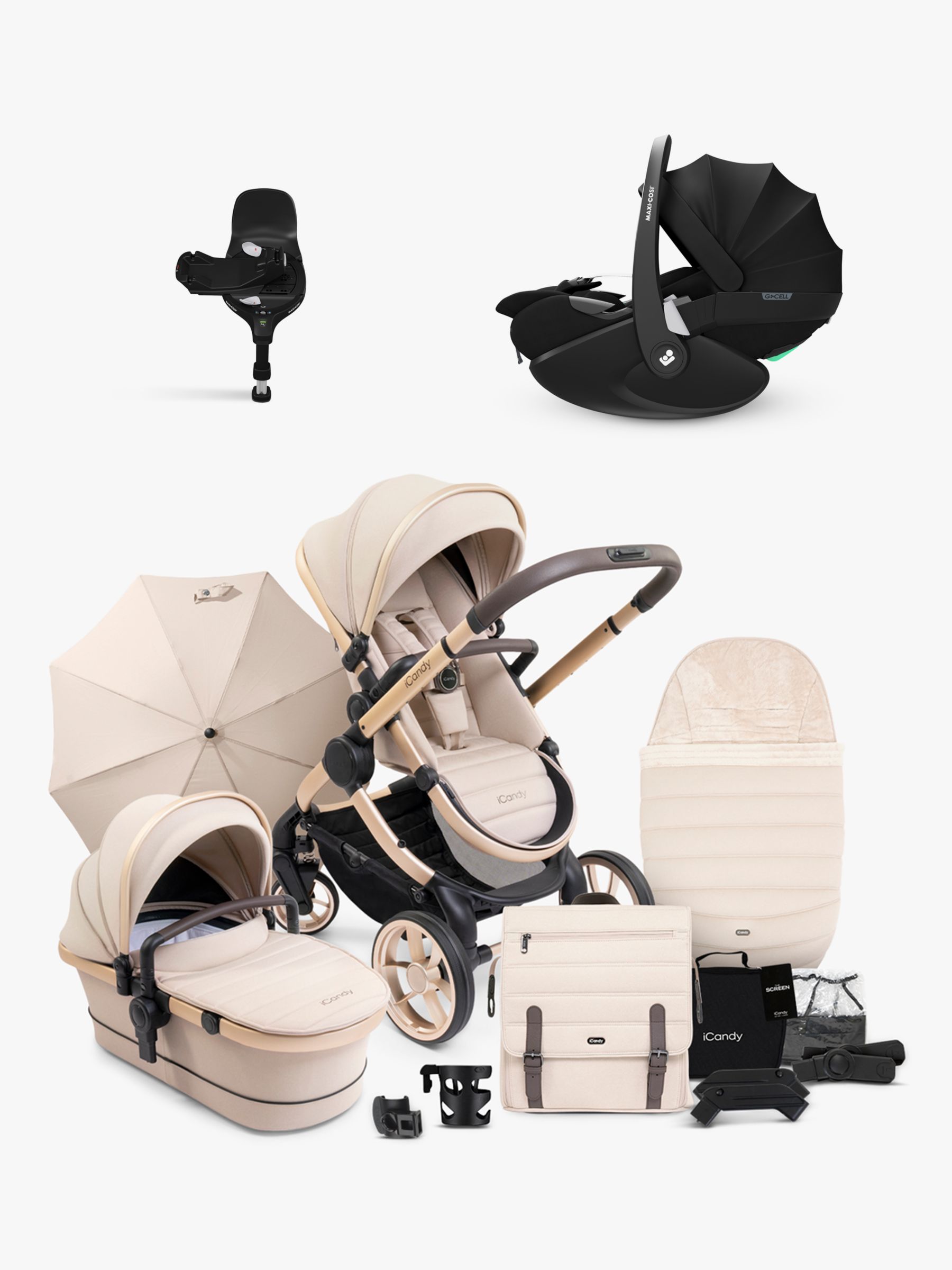 iCandy Peach 7 Pushchair & Accessories with Maxi-Cosi Pebble 360 Pro Baby Car Seat and Base Bundle, Biscotti/Essential Black