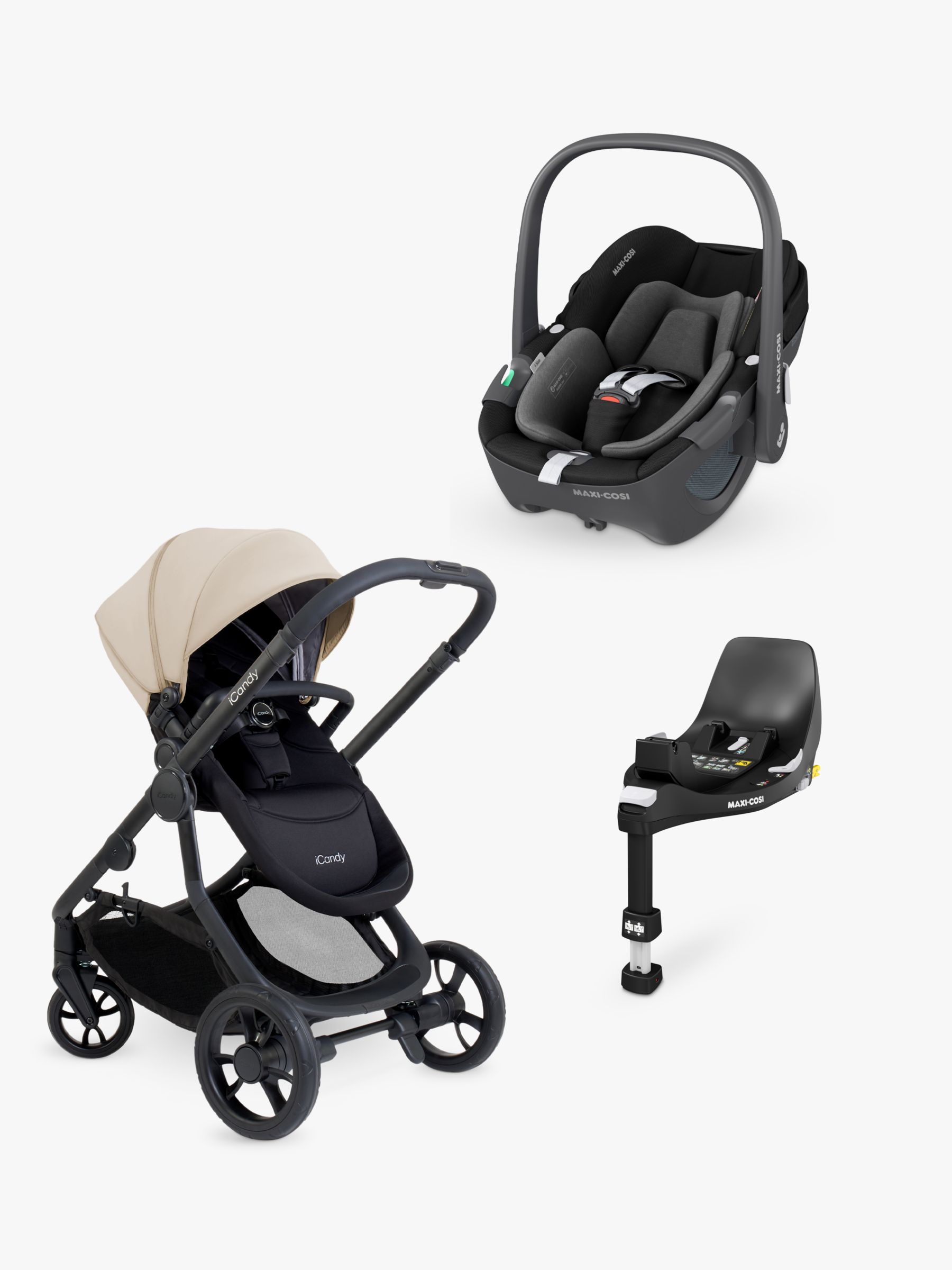 iCandy 4 Pushchair with Maxi-Cosi Pebble 360 i-Size Baby Car Seat and FamilyFix 360 ISOFIX Base Bundle, Latte/Essential