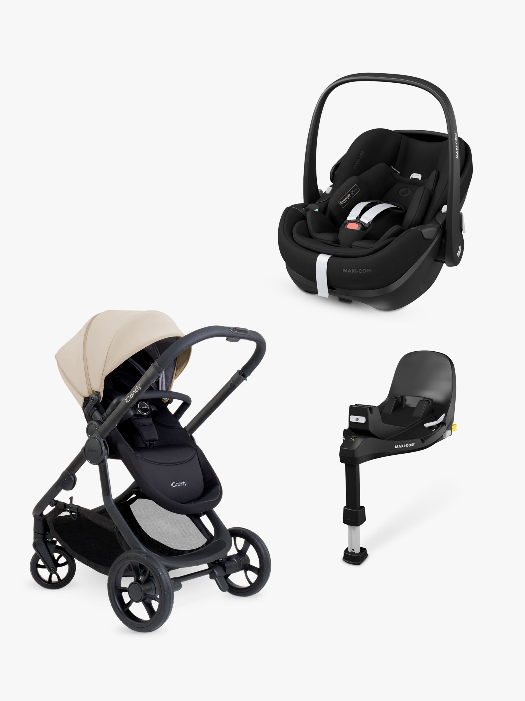 iCandy 4 Pushchair with Maxi-Cosi Pebble 360 Pro i-Size Car Seat and FamilyFix 360 Pro Base Bundle, Latte/Essential
