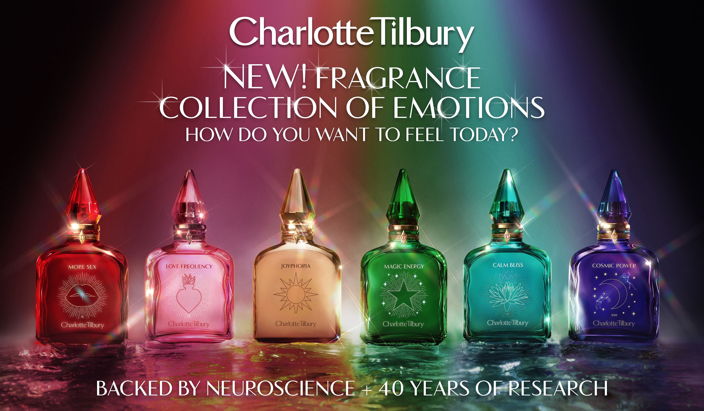charlotte tilbury product shot of her emotions range, each bottle different colour representing a different emotion