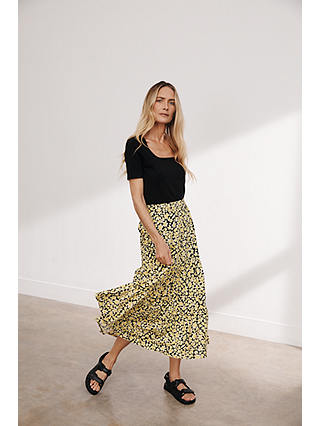 John Lewis Tropical Print Pull On Skirt, Yellow/Black