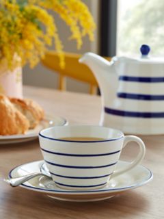 John Lewis Harbour Striped Cup and Saucer, White/Blue, 225ml