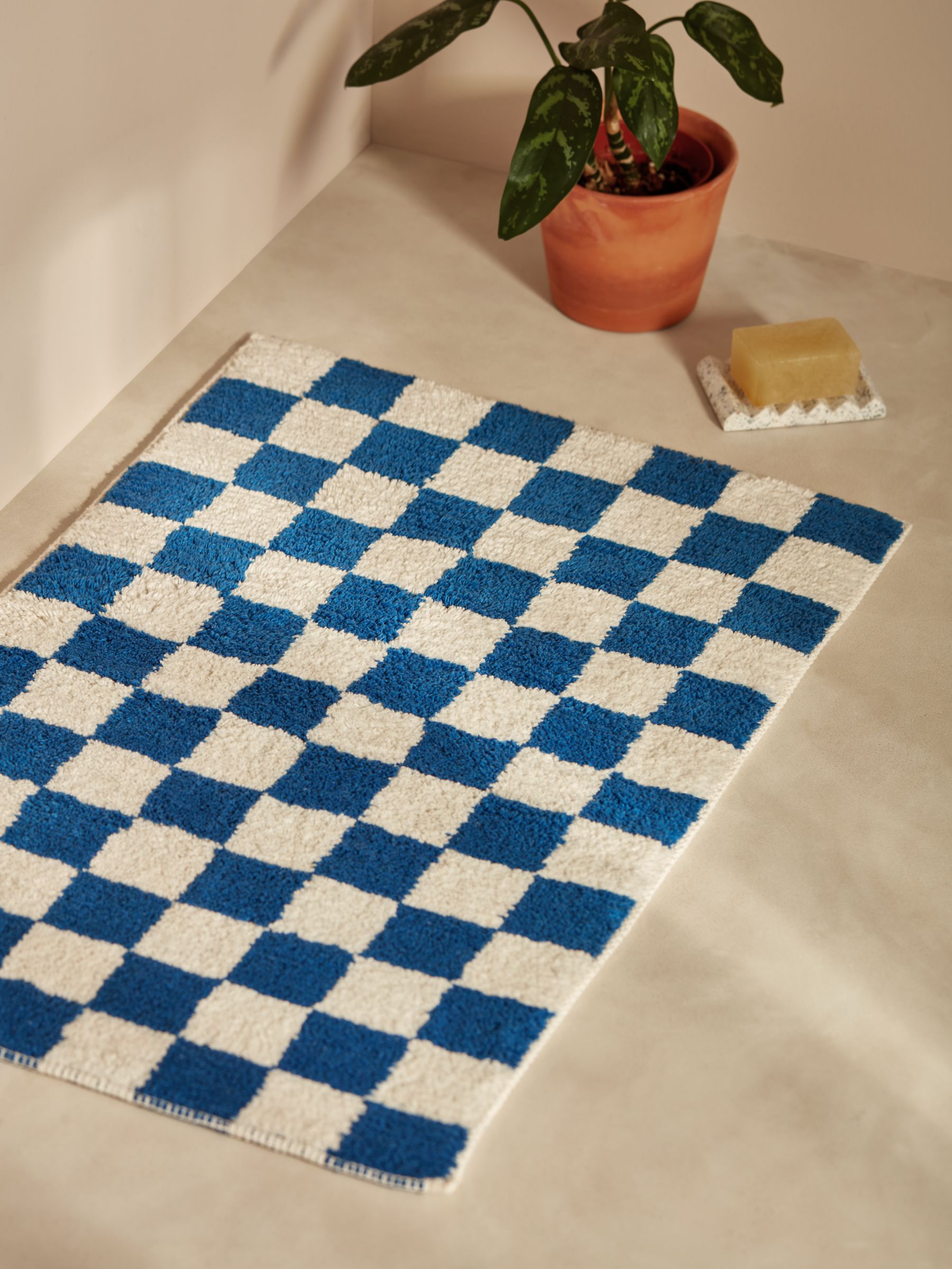 John Lewis ANYDAY Checkerboard Bath Mat, Cobalt Blue