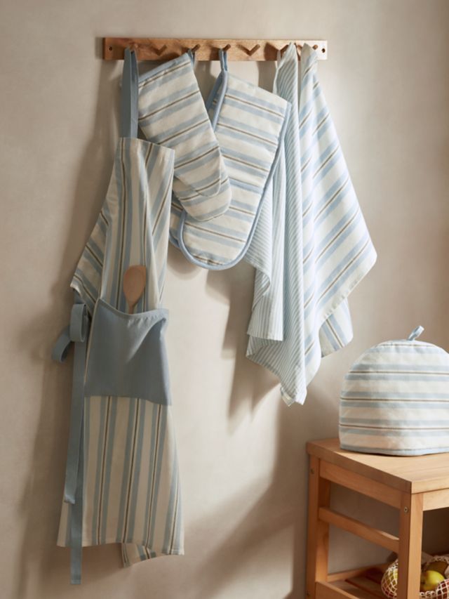 100% Linen Kitchen Tea Towel in Side Check Stripe White/Blue