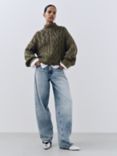 AND/OR Aspen Patchwork Cable Knit Jumper, Olive Acid Wash