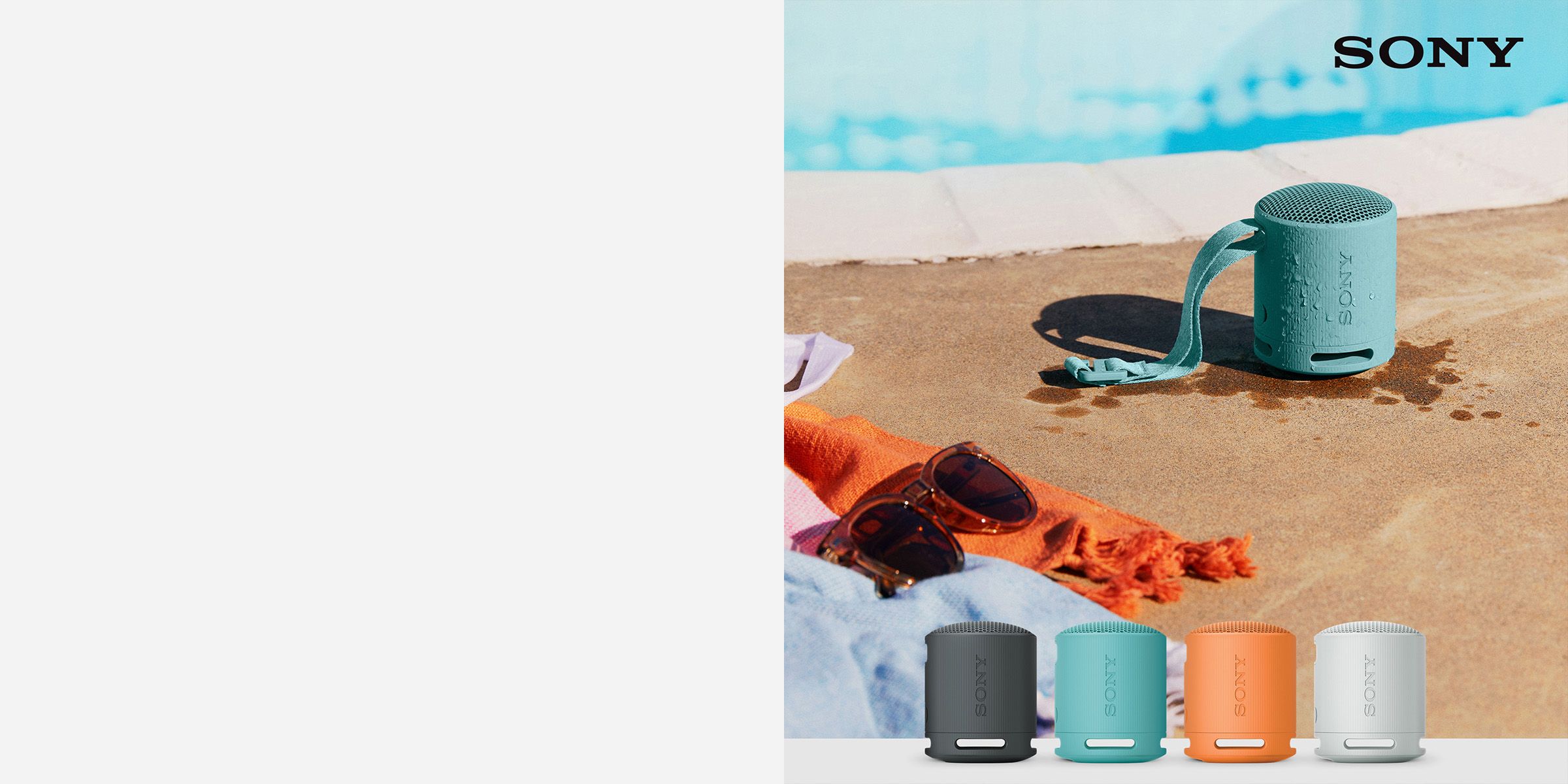 Sony speaker next to a pool, wet, showing water resistance