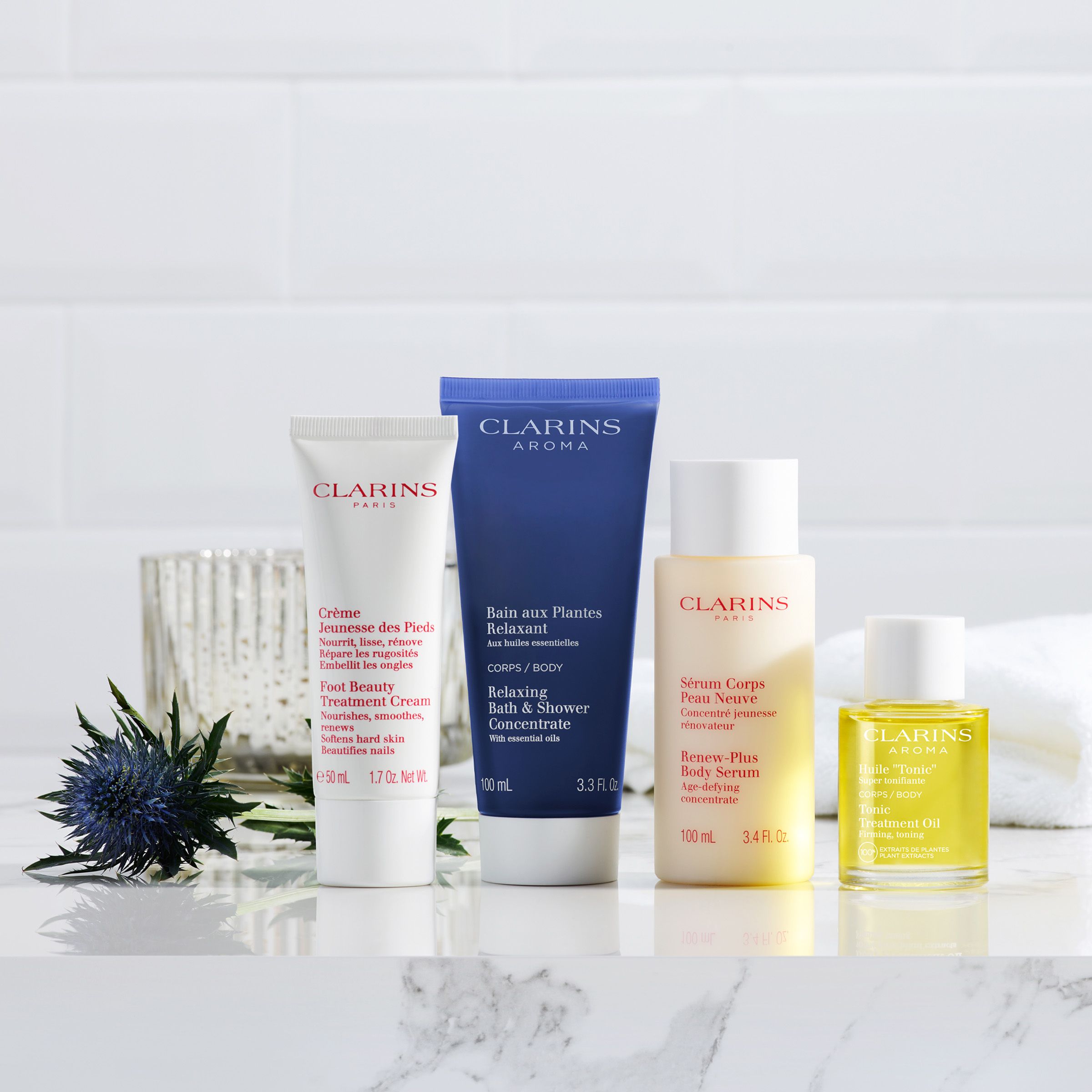 Clarins products on a counter