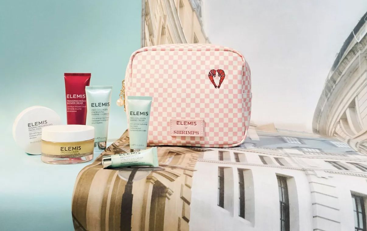 elmis - shrimps - Transform your skincare routine with this exclusive 6-piece collection, perfectly packed in a travel bag featuring an iconic checkerboard print created by British fashion brand Shrimps.