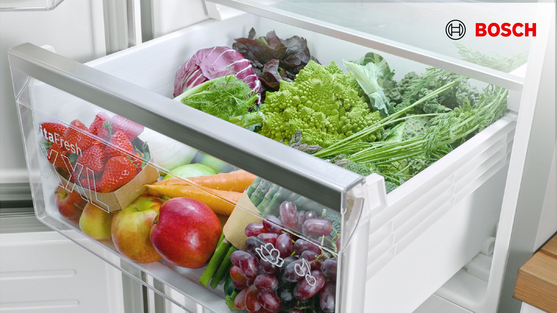 product shot of a bosch fridge draw full of fresh vegitables - Keep food fresh for longer with Vitafresh and Get Free Recycling on selected Bosch models