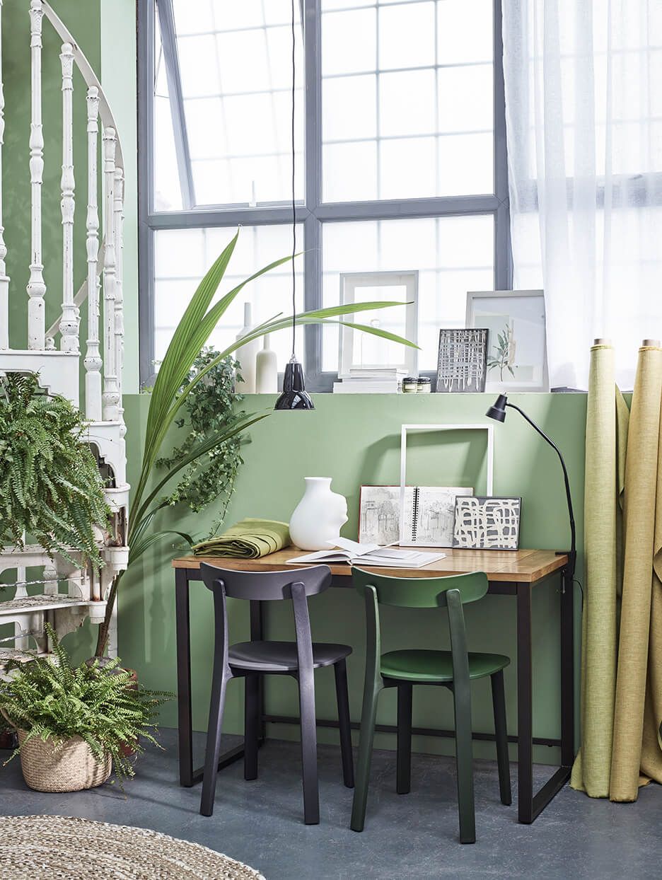 Desk and chairs with indoor plants