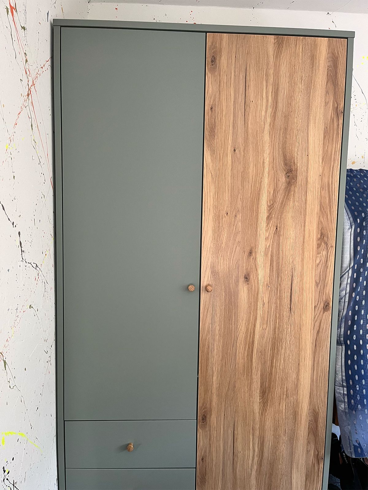 EasyKlix Harllson 2 Door Wardrobe with 2 Drawers, Green/Oak