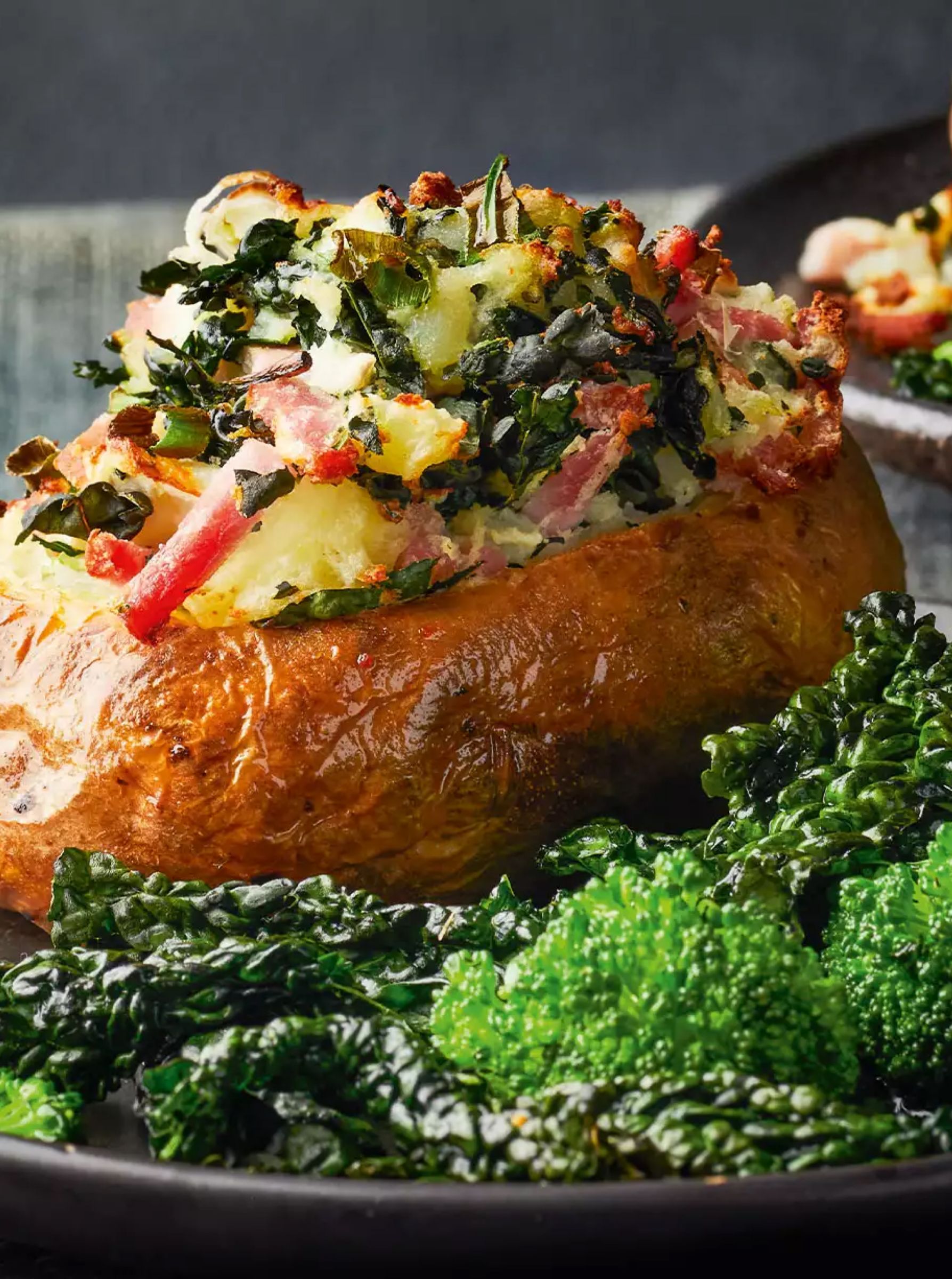 Air fryer twice-baked potatoes with kale, ham & goat’s cheese