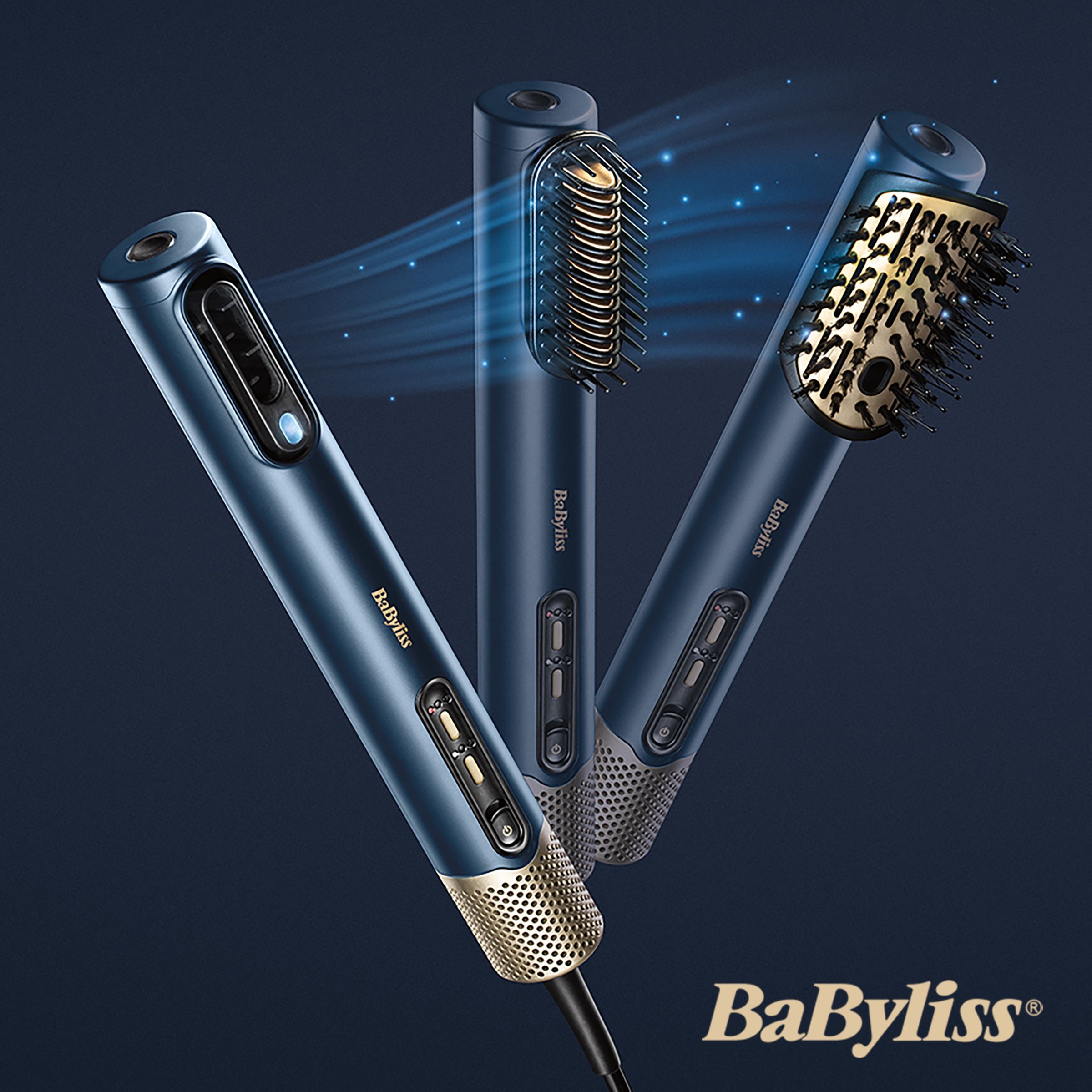 Babyliss Hair care products on a navy blue background