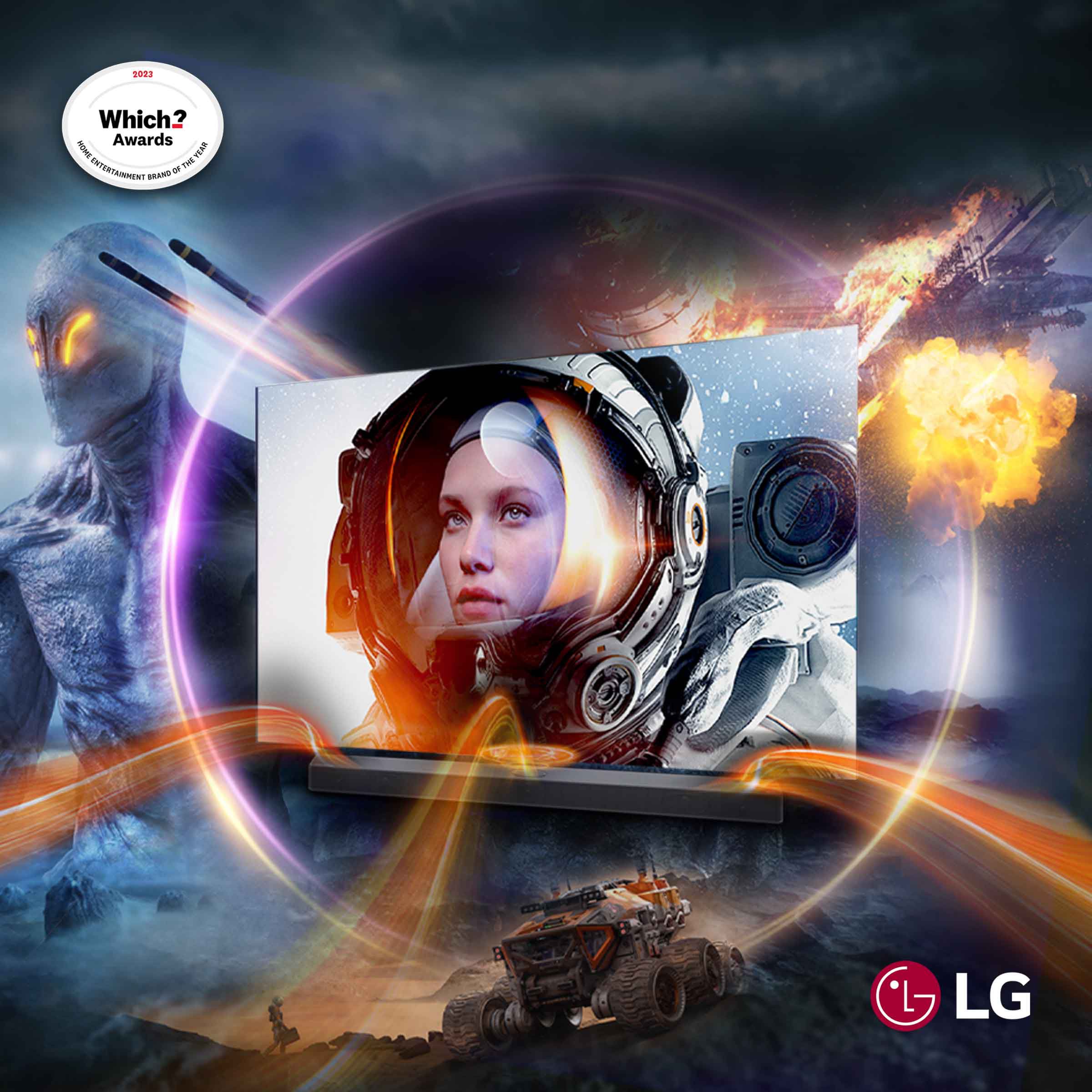 LG TV Screen displayimg female aastronaut amongst backdrop of Sci-Fi scene