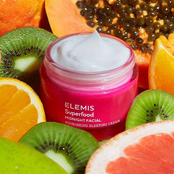 Image of Elemis superfood products surrounded by exotic fruits