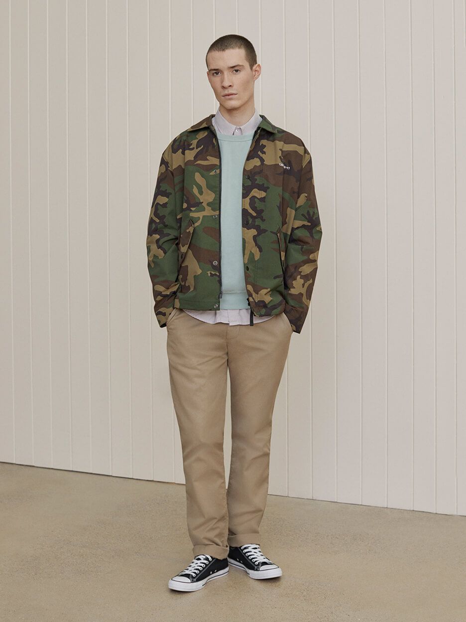 Model in camo jacket and chinos