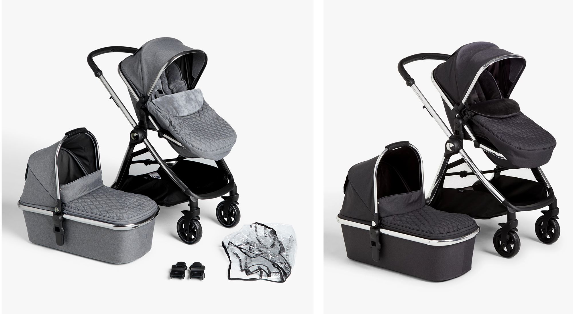 John Lewis & Partners 2 in 1  Pushchair and Carrycot Black on Chrome and  Charcoal on Gunmetal