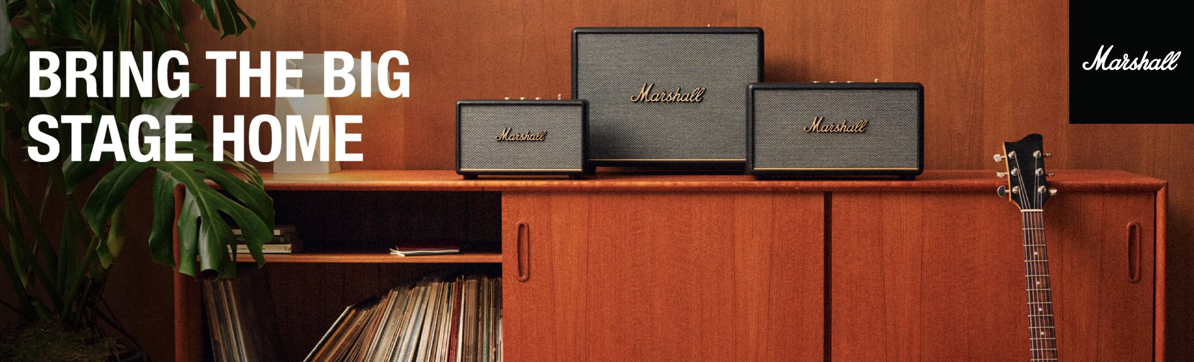 Three Marshall speakers of various sizes