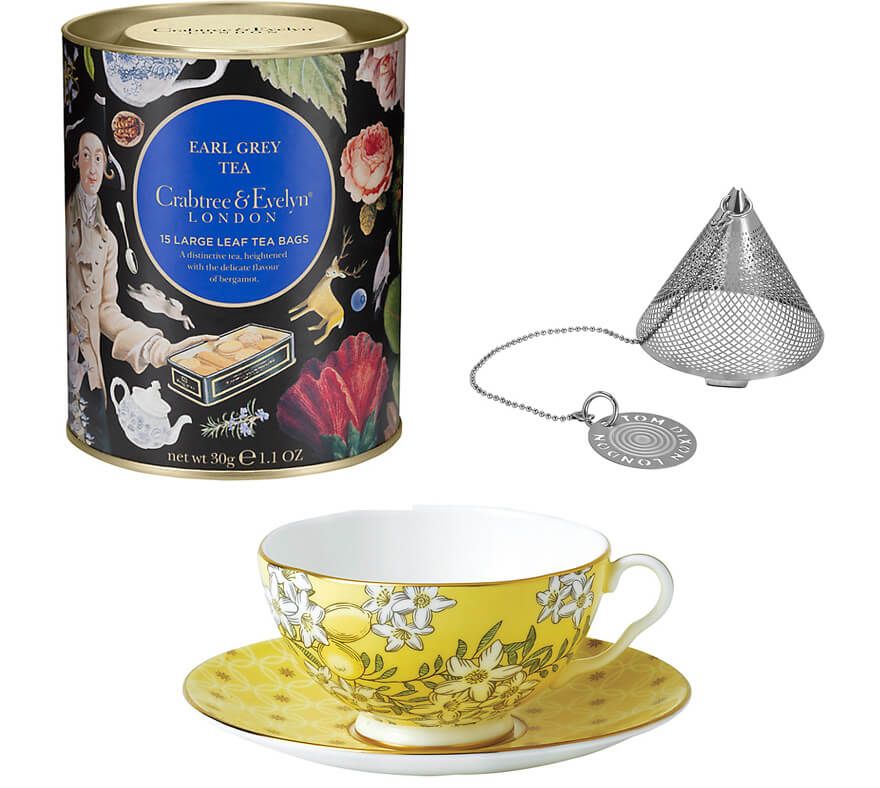 Crabtree and Evelyn Earl Grey Tea, Tom Dixon Tea-Strainer and Wedgwood Teacup and Saucer