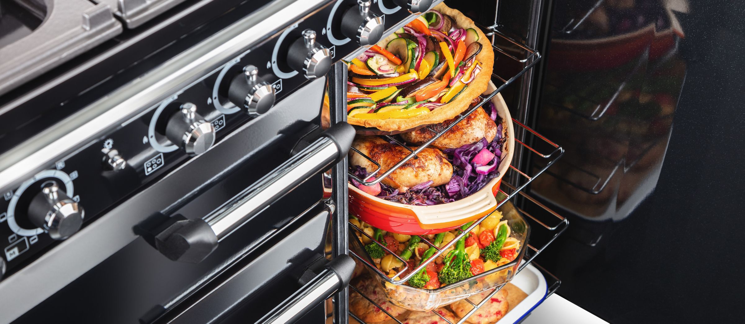 product shot of a rangemaster cooker being used to cook food