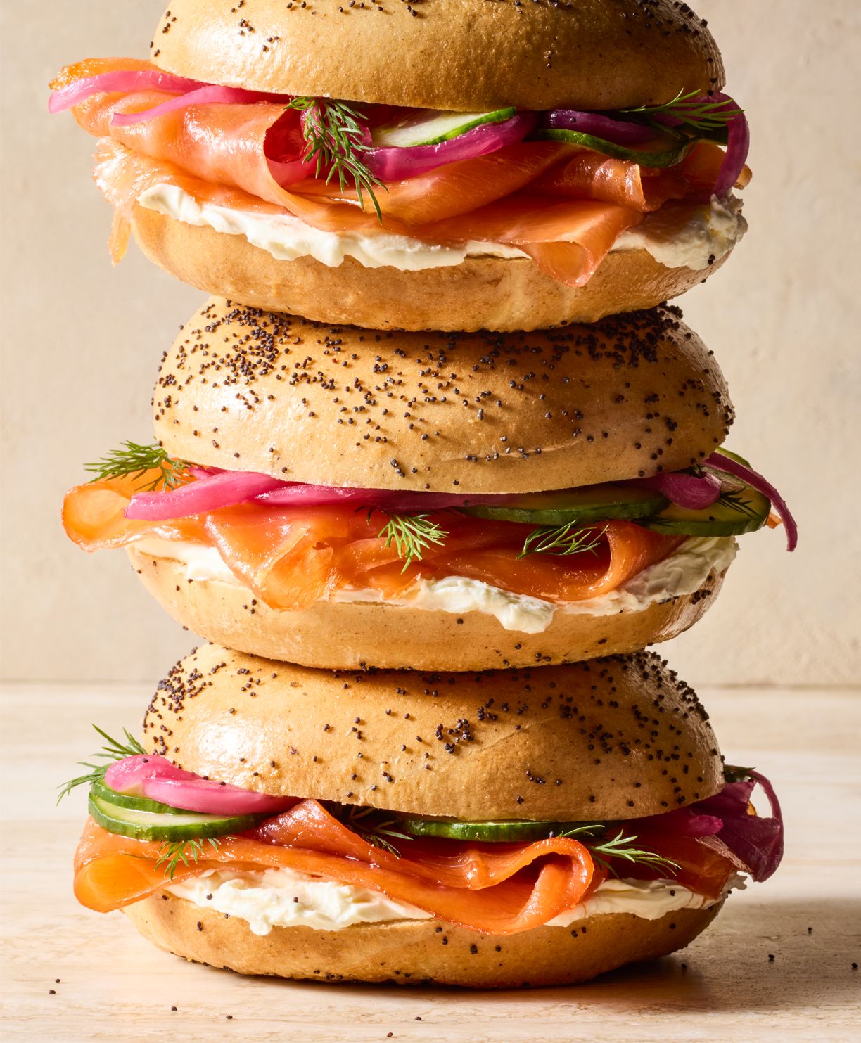 Bagels stacked up on-top of each other