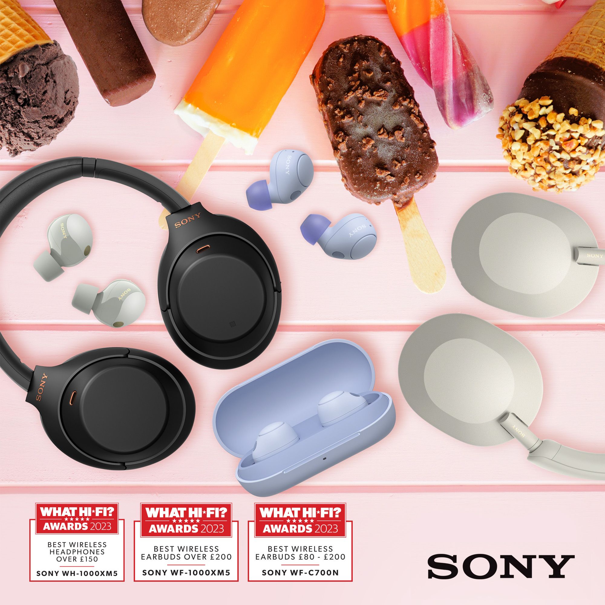 sony headphones and earbuds arranges ina flat lay on a yellow background, with coconut and pineapple decorations.
