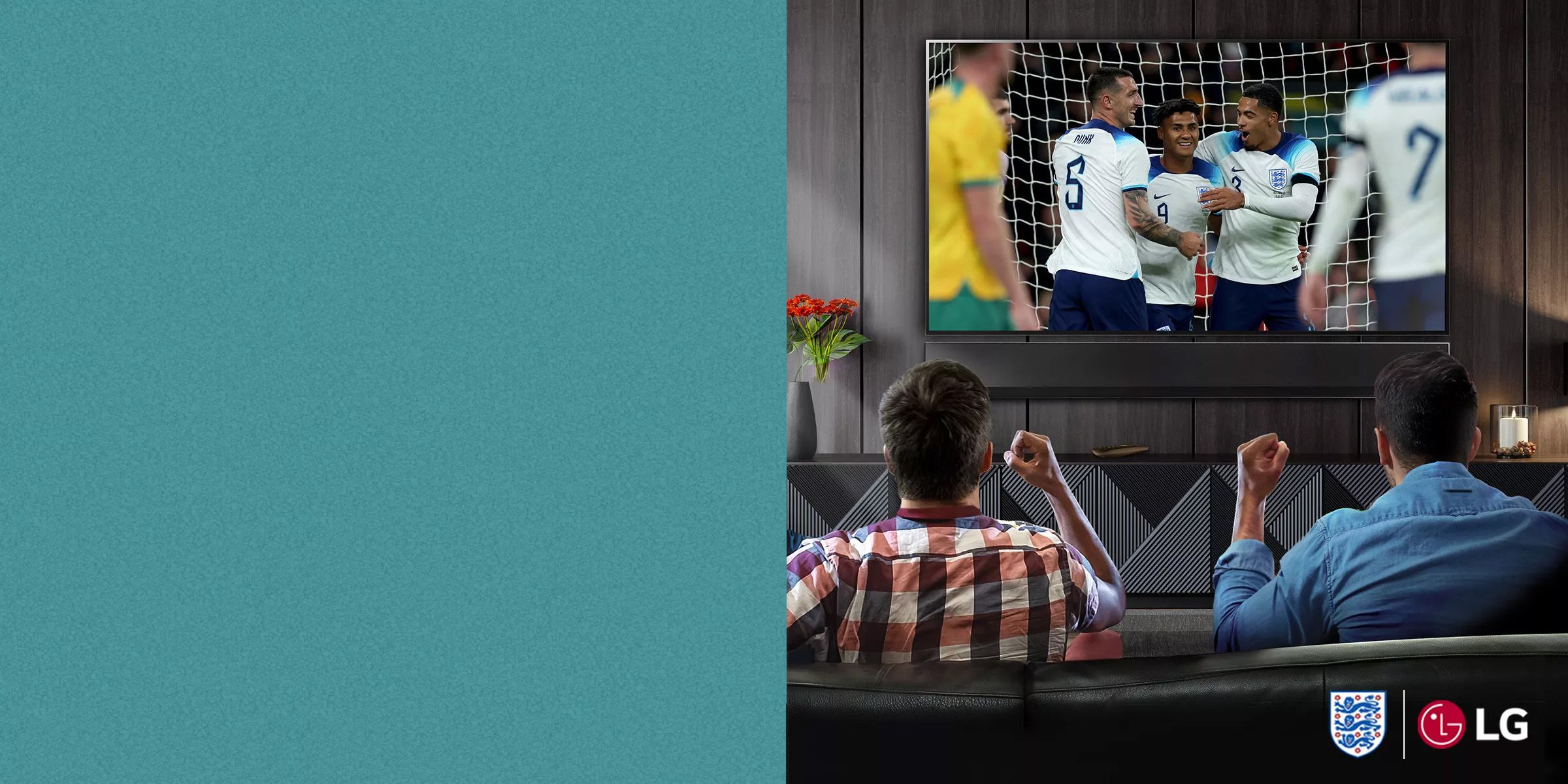 Three men watching England match on LG TV