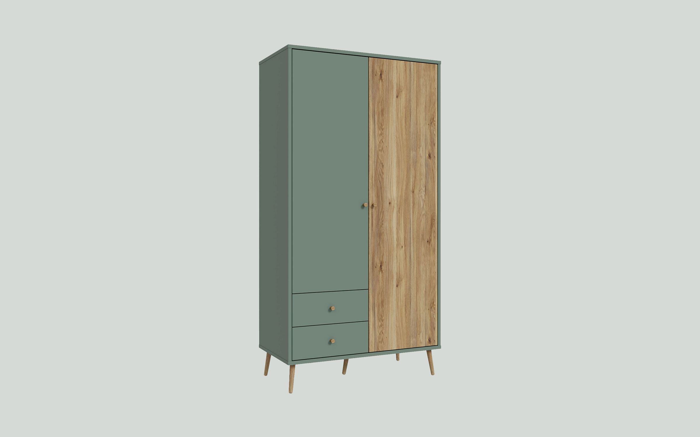 EasyKlix Harllson 2 Door Wardrobe with 2 Drawers, Green/Oak
