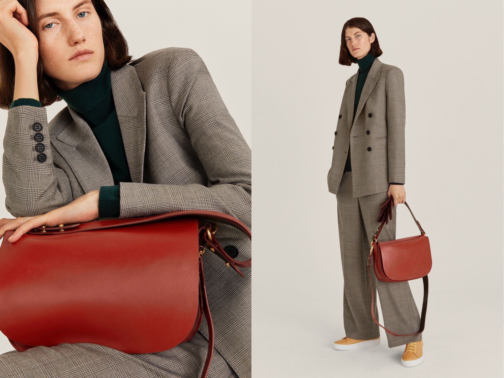 Woman in a grey suit with red bag