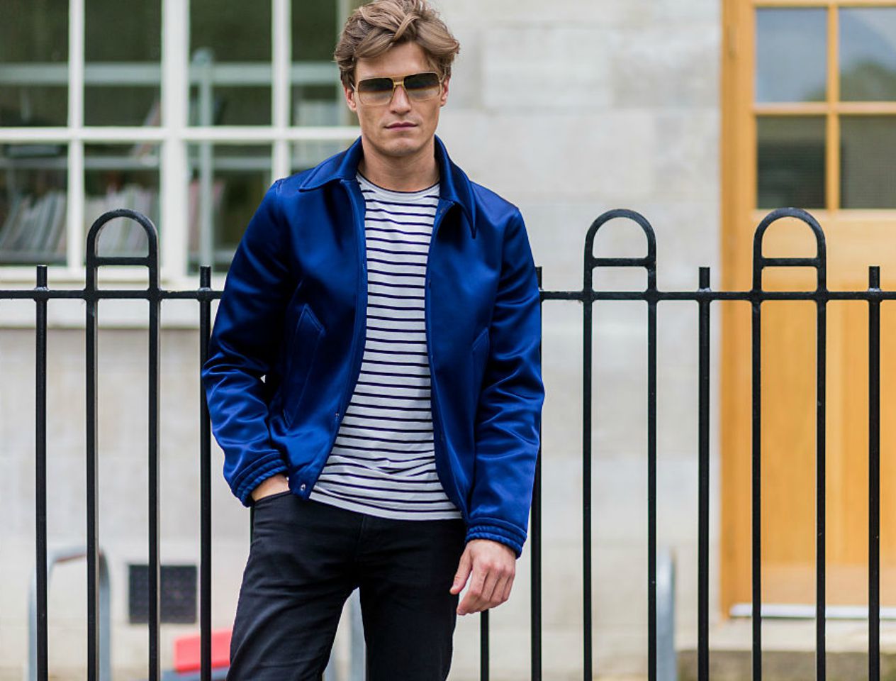Oliver Cheshire wearing striped t-shirt men's street style